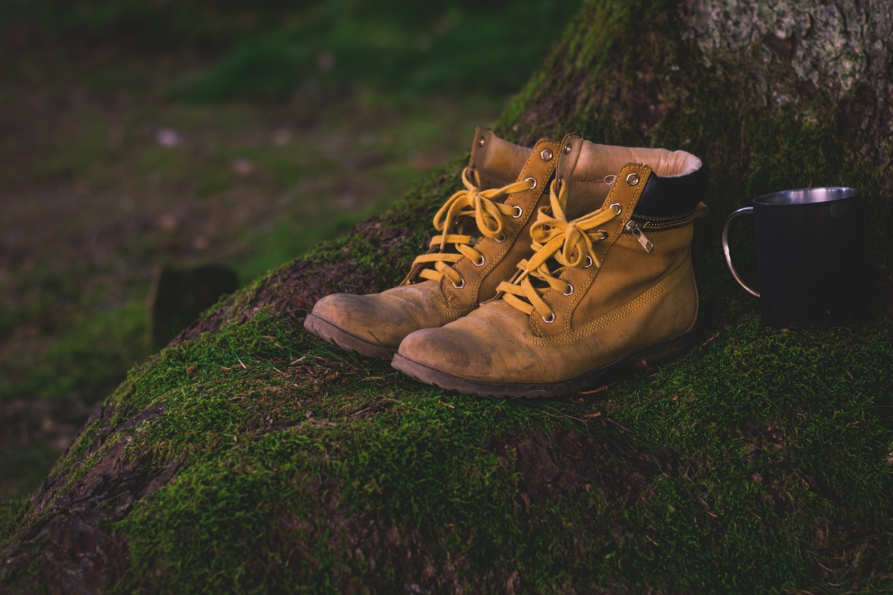 A pair of yellow boots by a tree